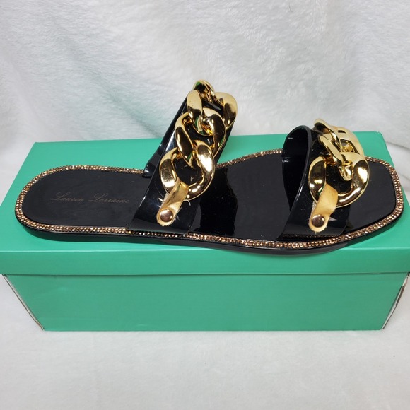 Lauren Lorraine Slides Black Sandals Gold Thick Chain NIB Size 9 $89 Nordstrom - Picture 1 of 6